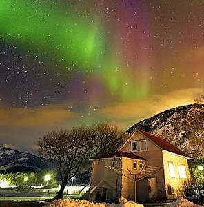 a house with the aurora in the sky at Borghildstua Feriehus in Melbu