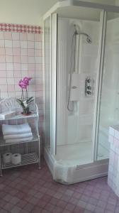 een badkamer met een douche en een vaas met bloemen bij Brisilè Casavacanze in Barbaresco