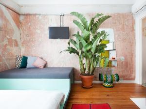 a room with a couch and a potted plant at The Trilogy House in Thessaloniki