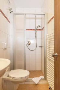 a bathroom with a shower with a toilet and a sink at Hotel Alpenhof in Oberau