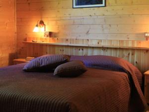 um quarto com uma cama e uma parede de madeira em Albergo Genzianella em Careggine