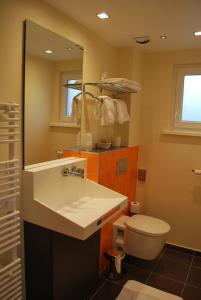 a bathroom with a sink and a toilet and a mirror at Hôtel Les Perce-Neige in Bonnétage