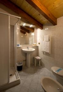 een badkamer met een wastafel, een douche en een toilet bij Hotel Castello in Montjovet