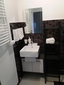 uma casa de banho com um lavatório branco e um espelho. em Na Polesí em Žlutice