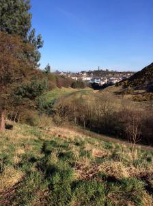 a view of a golf course from a hill with trees at The Pleasance in Edinburgh