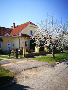 ein Haus mit einem blühenden Baum davor in der Unterkunft Kovács Vendégház in Bük