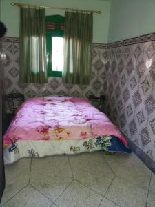 a bed with a pink comforter in a room at Chez Pascal et Nicole in Oualidia