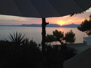 a sunset over the water with an umbrella at Rosys Little Village in Skala