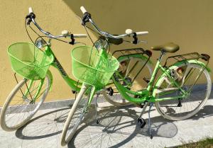 two green bikes parked next to a wall at Cartiera in Cannobio
