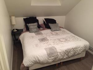 een bed in een kleine kamer met kussens erop bij Bed & Breakfast Klokgaaf in De Koog