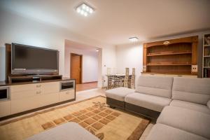 a living room with a couch and a flat screen tv at Apartments RM & studio Deluxe in Izola