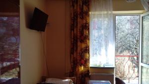 salon z telewizorem i oknem w obiekcie Pokoje Gościnne ZUZANNA w Szczyrku