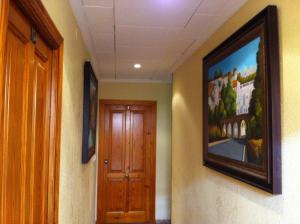 a hallway with a door and a painting on the wall at Hotel Sandra in Alcalá de Guadaira