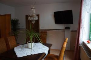 a living room with a table with a plant on it at Ferienwohnung Regina in Mühlhausen +2 photos