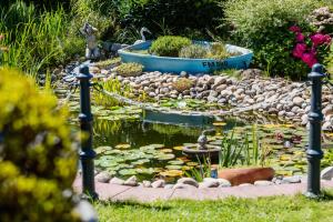 a garden with a pond filled with lily pads at Business Pension Gasper in Raunheim