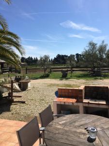 una mesa y sillas con una mesa de picnic y un campo en Gite Armieux en Saintes-Maries-de-la-Mer