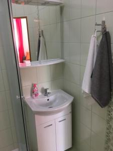 ein Badezimmer mit Waschbecken und Spiegel in der Unterkunft Penzion Janovice in Janovice nad Úhlavou + 28 Fotos