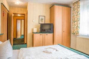 ein Hotelzimmer mit einem Bett und einem TV in der Unterkunft Haus Irmchen in Stolberg i. Harz