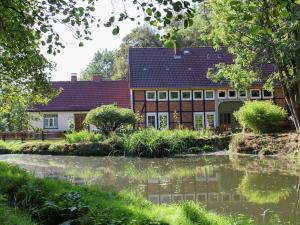 een huis met een vijver ervoor bij Chic apartment in Hessisch Oldendorf in Zersen