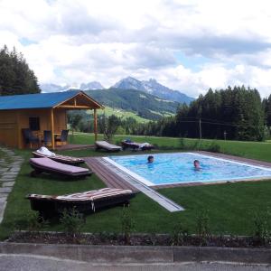 a pool with people in it with mountains in the background at Biohof Haus Wieser in Abtenau