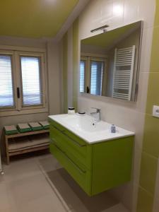 a green bathroom with a sink and a mirror at Villa Rostagno in Entracque