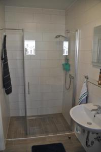 ein Bad mit einer Dusche und einem Waschbecken in der Unterkunft Ferienwohnungen Haus Sauer in Offenheim