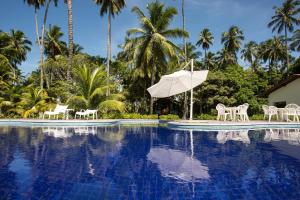 uma piscina com cadeiras e um guarda-sol e palmeiras em Pousada Paraíso Carneiros em Praia dos Carneiros