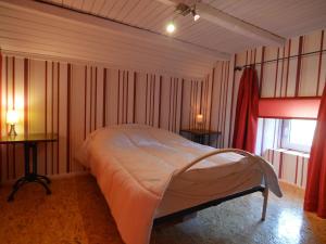 a bedroom with a bed and two tables and a window at Country house in the Ardennes with Schwimmbad in Warempage