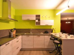 a kitchen with wooden cabinets and green walls at Cozy Holiday home in Theux in Theux