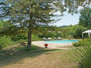 a tree sitting next to a swimming pool at Rustic villa with pool in Cereste France in Céreste