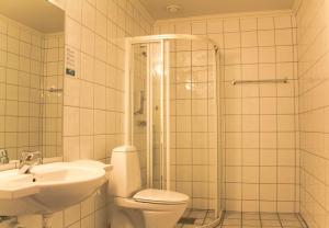 a bathroom with a shower and a toilet and a sink at Tysfjord Hotel in Storjord I Tysfjord