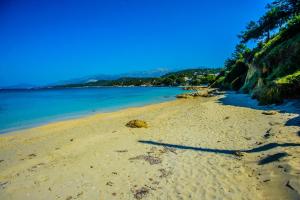 a sandy beach next to the ocean on a clear day at Aloni Studios and Apartments in Lassi