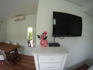Hospedaria Shaolin Suite na Lagoa da Conceição في فلوريانوبوليس: غرفة مع تلفزيون على جدار مع مزهرية مع الزهور