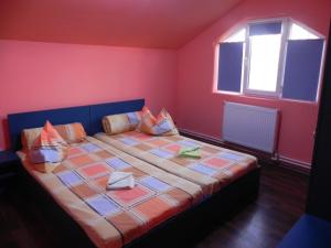 a bedroom with a large bed in a pink room at Pension Puiu in Dunavăţu de Jos +20 photos