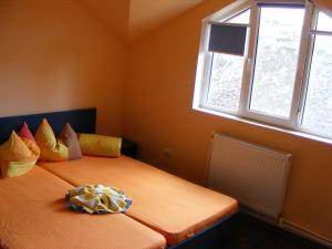 a bedroom with a bed with a pillow on it at Pension Puiu in Dunavăţu de Jos