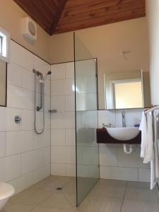 a bathroom with a glass shower and a sink at Winchelsea Motel in Winchelsea