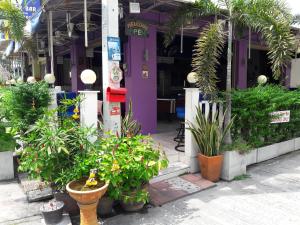un bâtiment violet avec des plantes devant lui dans l'établissement Garden Guest House, à Pattaya