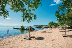 a sandy beach with umbrellas and chairs and the water at Ferienhaus Marianne in Schwielowsee