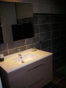 La salle de bains est pourvue d'un lavabo blanc et d'un miroir. dans l'établissement Medoc Ocean, à Talais