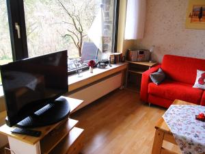 salon z czerwoną kanapą i telewizorem w obiekcie Ferienwohnung Kleinschmidt w mieście Heimbach