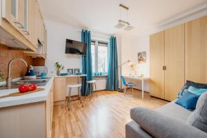 kuchnia i salon z kanapą w obiekcie P&O Apartments Waszyngtona w Warszawie