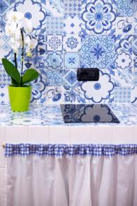 a table with a potted plant and blue and white tiles at Casa Miranda in Vico Equense