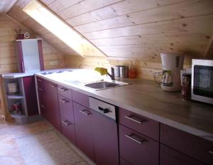 una cocina con armarios morados y fregadero en Wolfs Revier, en Lackenhof