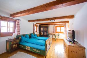 a living room with a blue couch and a tv at Reitstall Henntalhof in Kitzbühel