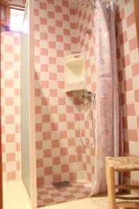 y baño con ducha y pared de color rosa a cuadros. en Maison d'hôtes Dar El Nath, en Ouarzazate