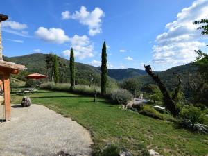 a garden with cypress trees and a mountain in the background at Stunning detached holiday home with heatable pool in Burzet