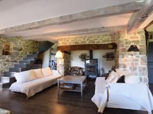 a living room with a stone wall at Stunning detached holiday home with heatable pool in Burzet