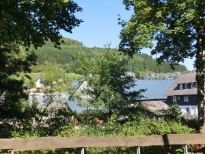 uma vista para uma aldeia através das árvores em Spacious holiday home with terrace em Schmallenberg