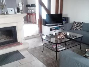 uma sala de estar com um sofá e uma lareira em Cozy Hoiday Home in Droyes North France with Terrace em Droyes