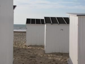 two white buildings with solar panels on the beach at Comfort Aan Zee Guestrooms in Ostend